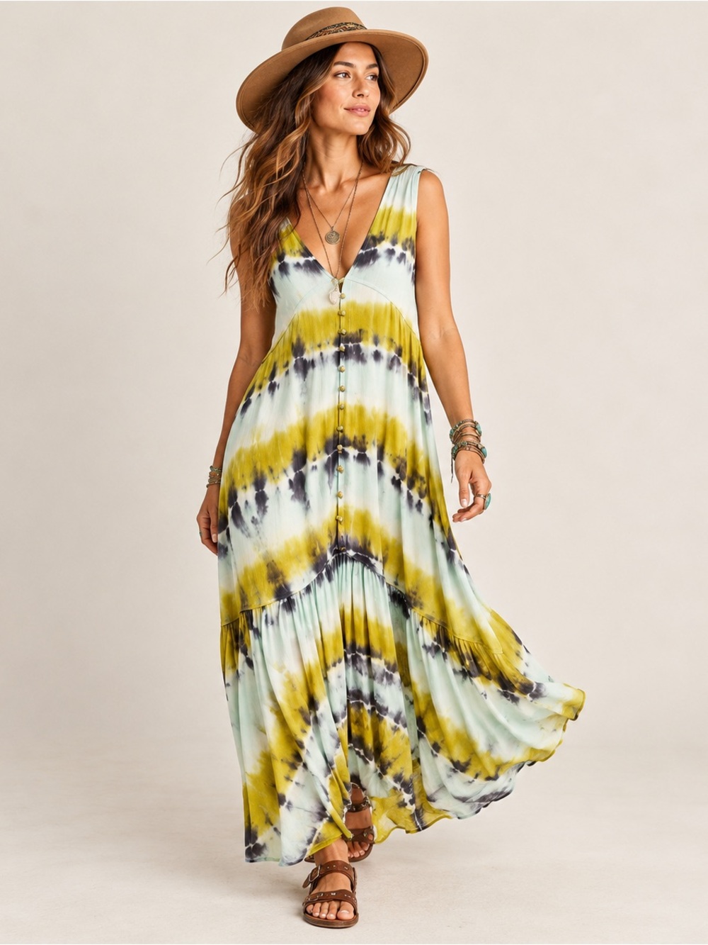 Young Fabulous & Broke Raquel Maxi Dress S Olive Harmony Tie Dye Boho $198